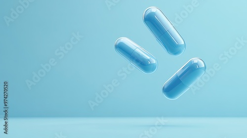 Three blue capsules levitating in the air against a light blue background.