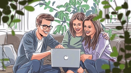 Three enthusiastic friends gathered around a laptop, sharing ideas and laughing in a cozy room filled with greenery, showing a brightatmosphere of cooperation. Cartoon style illustration. photo