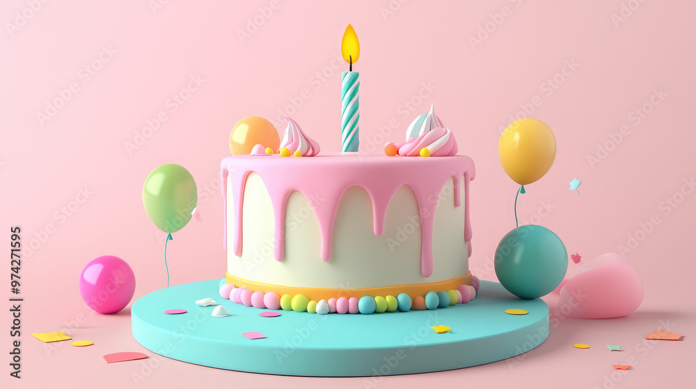 A minimalist 3D birthday cake with sleek icing and one candle is surrounded by tiny pastel decorations, providing a soft and clean celebration design. A minimalist 3D birthday cake with sleek icing and one candle is surrounded by tiny pastel decorations, providing a soft and clean celebration design.