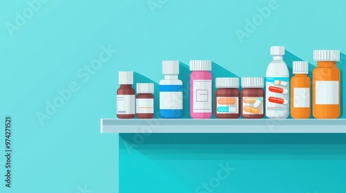 Medicine Bottles Shelf  Pharmaceutical Products  Healthcare  Pills  Pharmacy Illustration