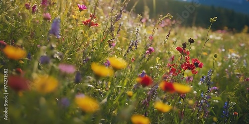 Beautiful multicolored spring meadow background with wild flowers and bokeh lights 