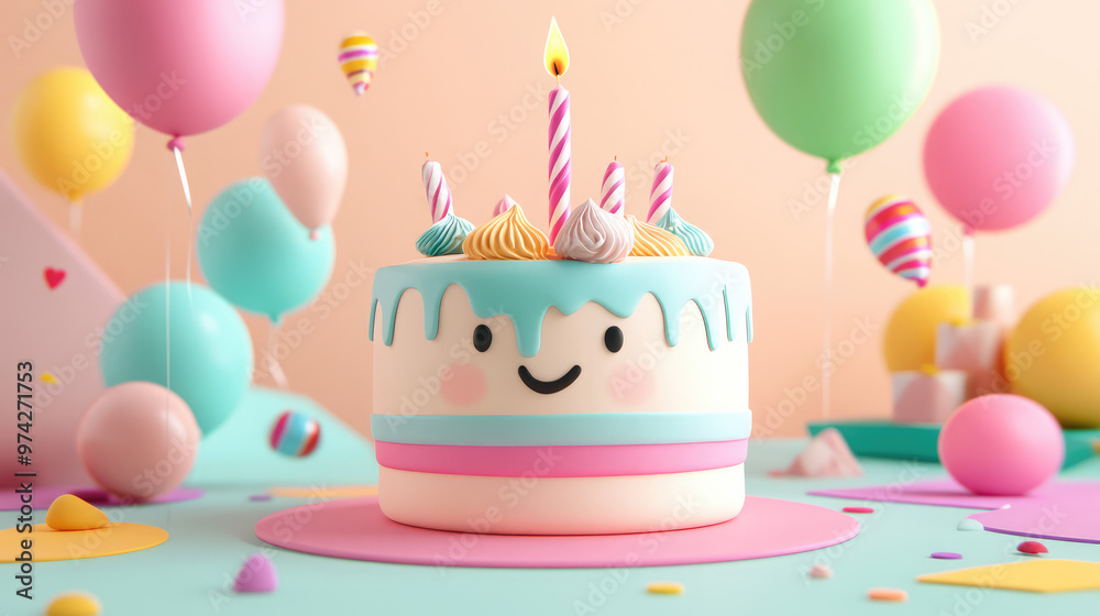 This simple 3D birthday cake with smooth icing and a single candle, surrounded by pastel-colored party details, brings modern minimalism to life. This simple 3D birthday cake with smooth icing and a single candle, surrounded by pastel-colored party details, brings modern minimalism to life.