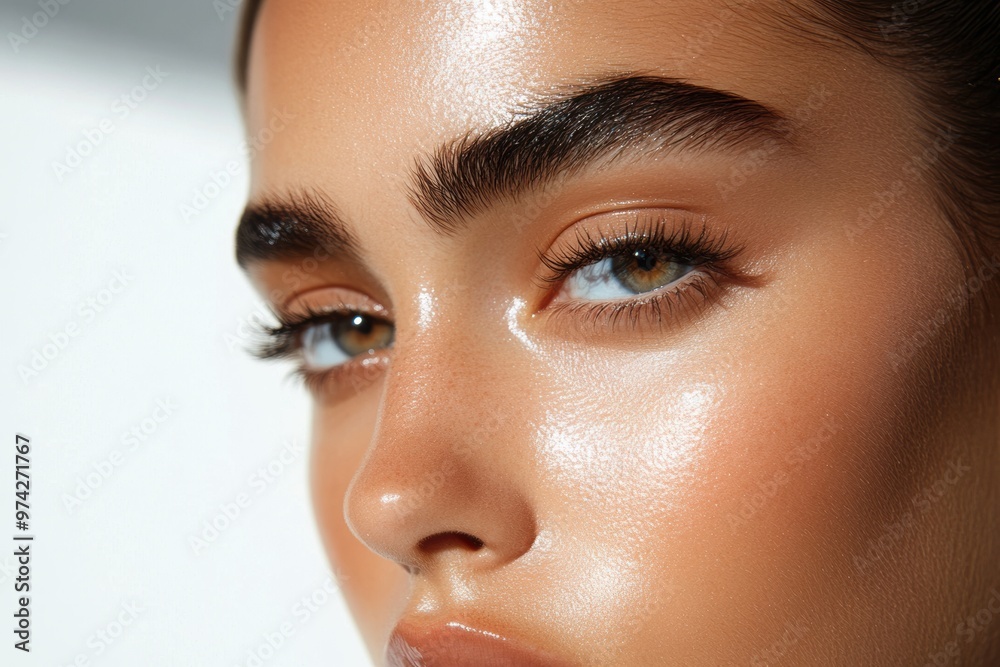 A close-up beauty portrait of a model highlights flawless skin and intricate makeup A close-up beauty portrait of a model highlights flawless skin and intricate makeup