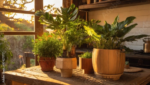 Rustic houseplant arrangement with large leafy plants and wooden planters for a cozy farmhouse kitchen