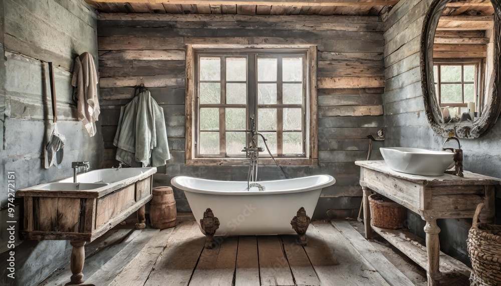 Rustic bathroom with clawfoot tub and reclaimed wood accents for a vintage look Rustic bathroom with clawfoot tub and reclaimed wood accents for a vintage look