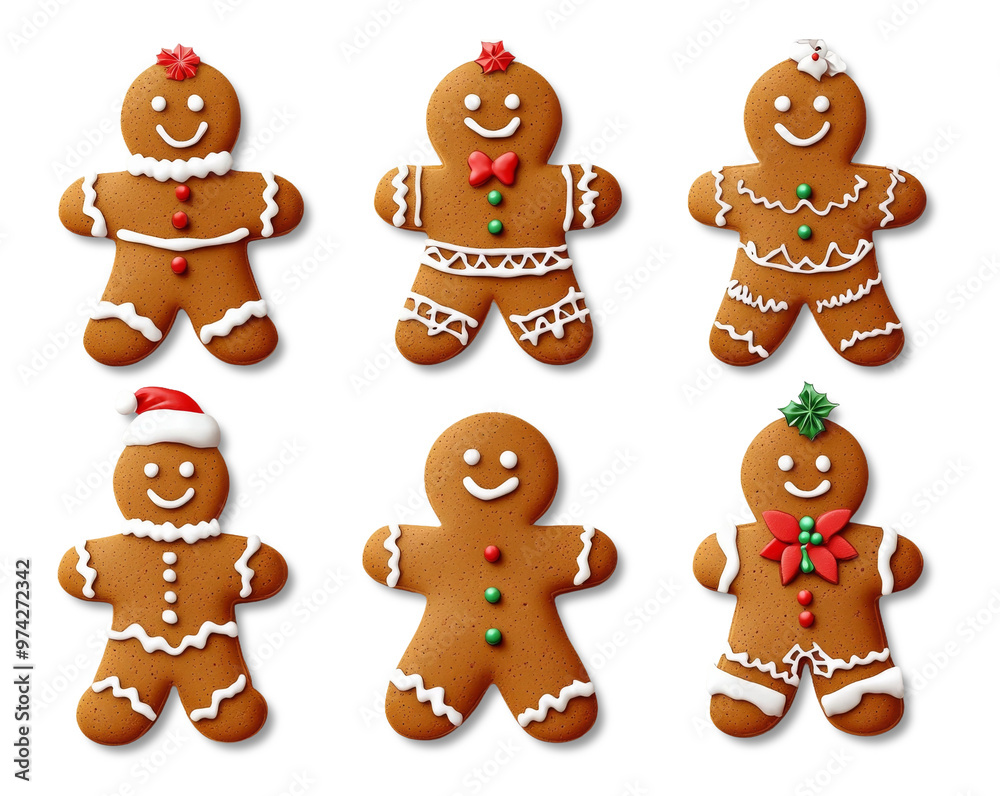 A set of gingerbread men with different outfits and hats on white background A set of gingerbread men with different outfits and hats on white background