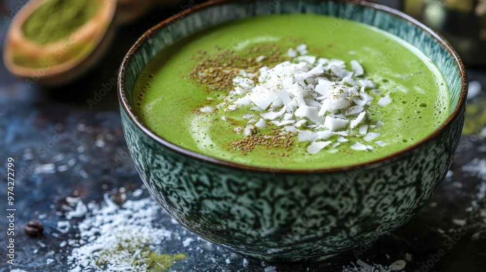 Vibrant Green Matcha Tea Smoothie with Fresh Topping Vibrant Green Matcha Tea Smoothie with Fresh Topping