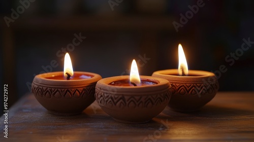 Clay Diya lamps Happy Diwali, festive atmosphere, place for text