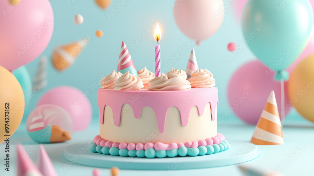 A cake with a lit candle on top and a bunch of balloons around it A cake with a lit candle on top and a bunch of balloons around it