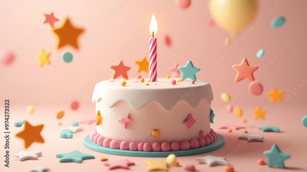 A cake with a lit candle on top and a lot of stars scattered around it A cake with a lit candle on top and a lot of stars scattered around it