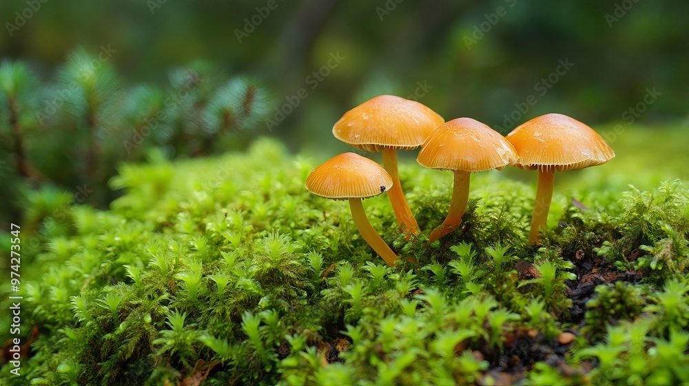 Mushrooms sprout from green moss in a forest. Mushrooms sprout from green moss in a forest.