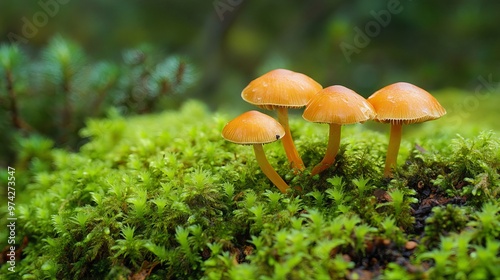 Mushrooms sprout from green moss in a forest.