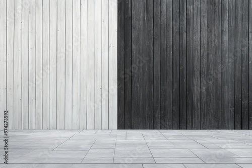 Image showcasing a contrasting wooden wall with one white half and one black half, merging atop a grey tiled floor, embracing modern and minimalist design elements. photo