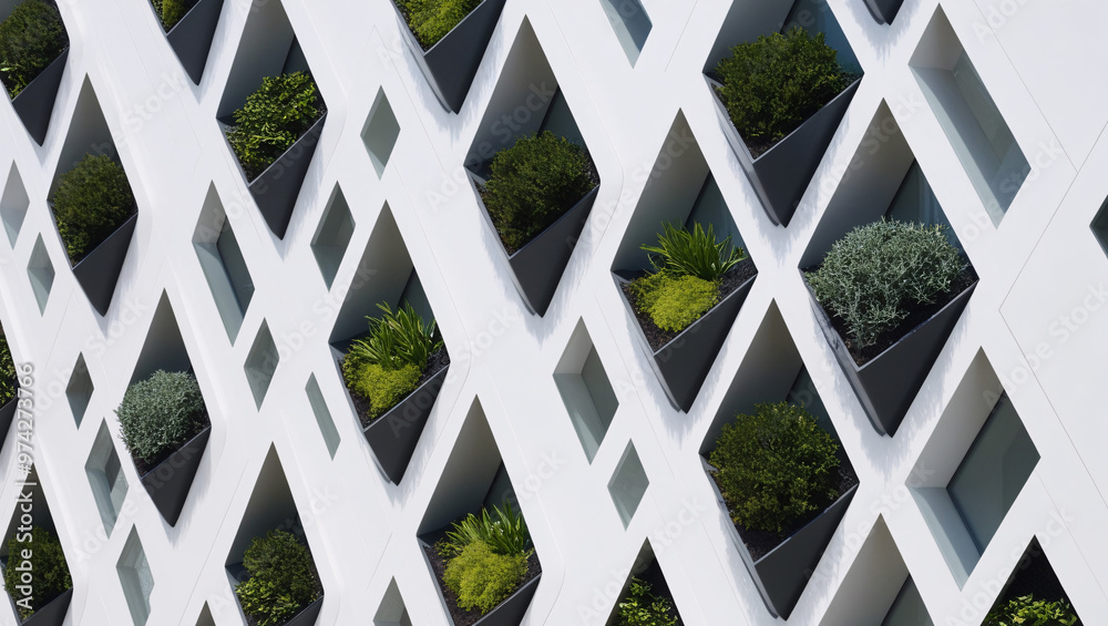 Modern Building Design with Geometric Patterns and Striking Green Accents in the Facade Modern Building Design with Geometric Patterns and Striking Green Accents in the Facade