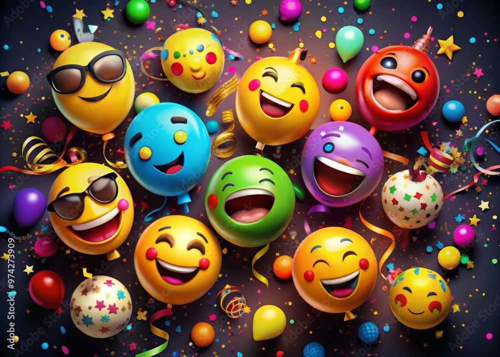 Vibrant colorful emojis with confetti, balloons, and streamers against a dark background, conveying excitement, joy,