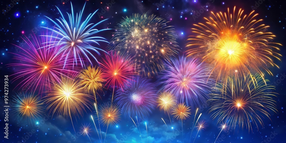 Fototapeta premium Vibrant colorful fireworks explode in the night sky, bursting with shimmering sparks and trailing wispy smoke, against