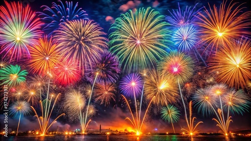 Vibrant colorful firework explosions filling the night sky with glittering sparks and trails of light, capturing the