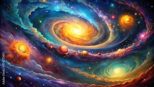 Vibrant, colorful galaxies and stars swirl together in a mesmerizing, hand-drawn illustration, blending traditional and