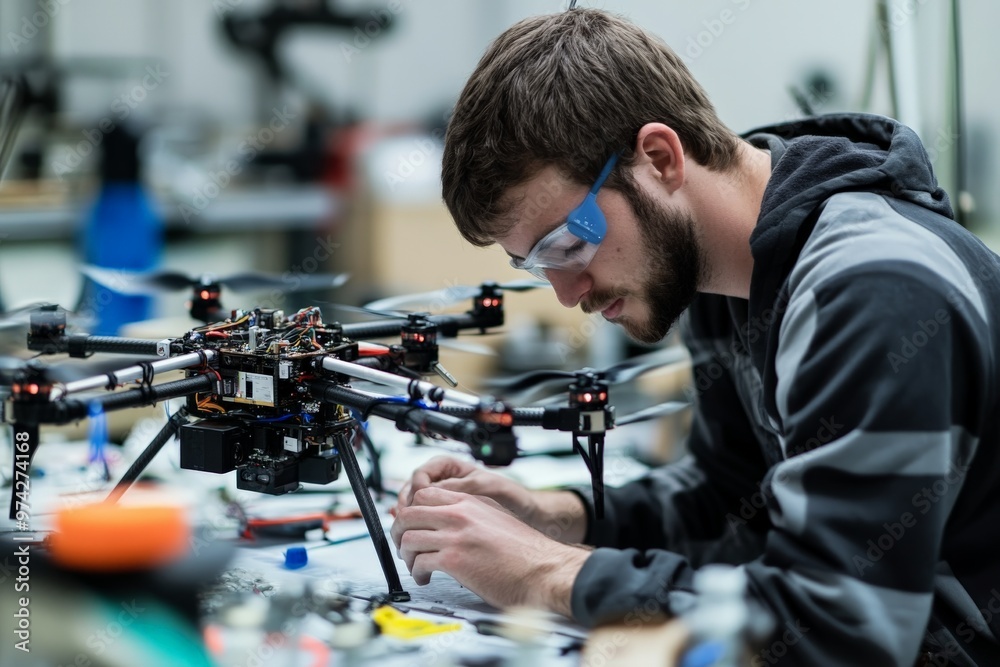 A skilled technician in a modern workshop meticulously working on the intricate assembly of a large drone, showcasing the complexities of modern drone technology. A skilled technician in a modern workshop meticulously working on the intricate assembly of a large drone, showcasing the complexities of modern drone technology.