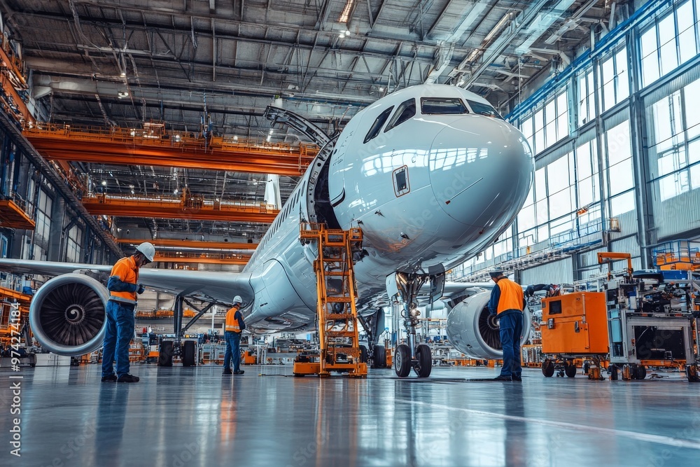 Workers are actively engaged in assembling an aircraft on a busy assembly line, featuring various airplane parts and tools, representing teamwork and precision in the aviation industry. Workers are actively engaged in assembling an aircraft on a busy assembly line, featuring various airplane parts and tools, representing teamwork and precision in the aviation industry.
