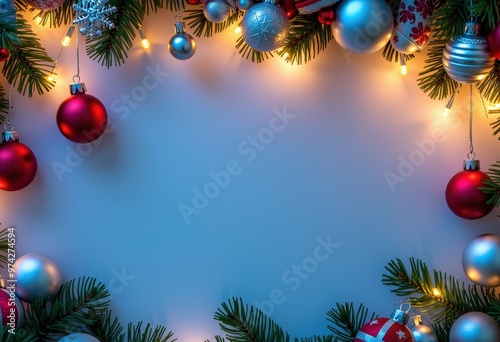 christmas background with christmas tree branches and balls