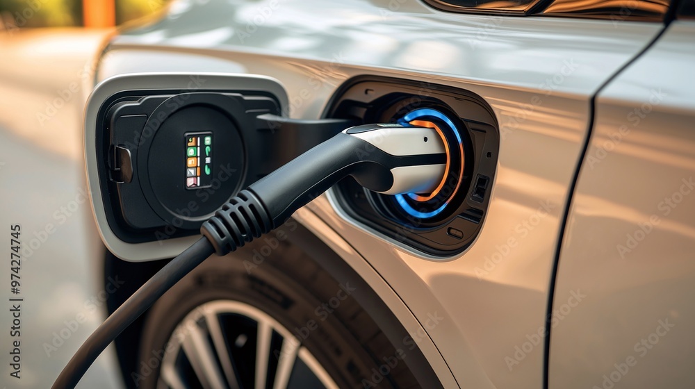 Electric Vehicle Charging at Modern Charging Station with LED Indicators Electric Vehicle Charging at Modern Charging Station with LED Indicators