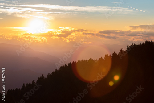 Sunset over the mountains. Beautiful calm atmosphere 