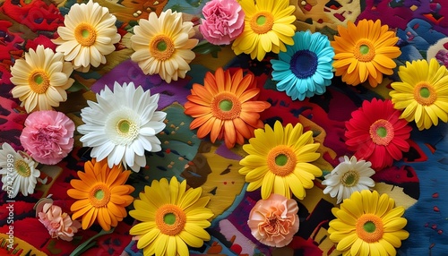 Vibrant Floral Fantasy: Succulent Carnations, Gerberas, Asters, and Rainbow Chrysanthemums on a Beautiful Carpet Background