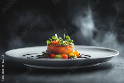 A gourmet dish elegantly presented on a plate, showcasing vibrant colors and artistic flair. photo