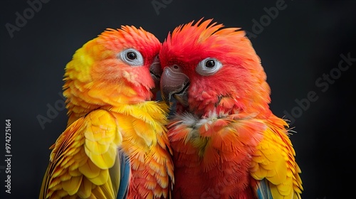 Close-up of Two Colorful Parrots Nuzzling