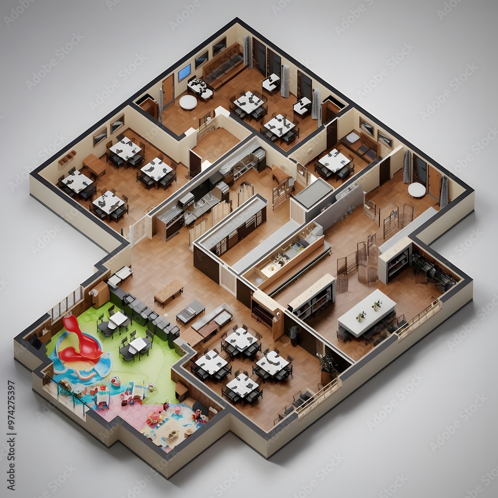 3D Render of a family-friendly restaurant with multiple dining sections, a play area, and a large kitchen, floor plan 3D Render of a family-friendly restaurant with multiple dining sections, a play area, and a large kitchen, floor plan