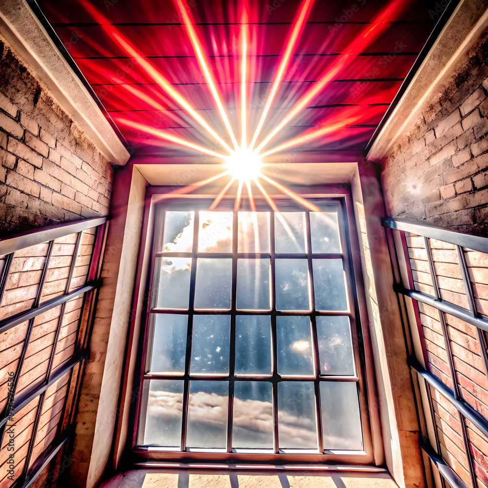 Bright light shining above interior window with red accents Bright light shining above interior window with red accents