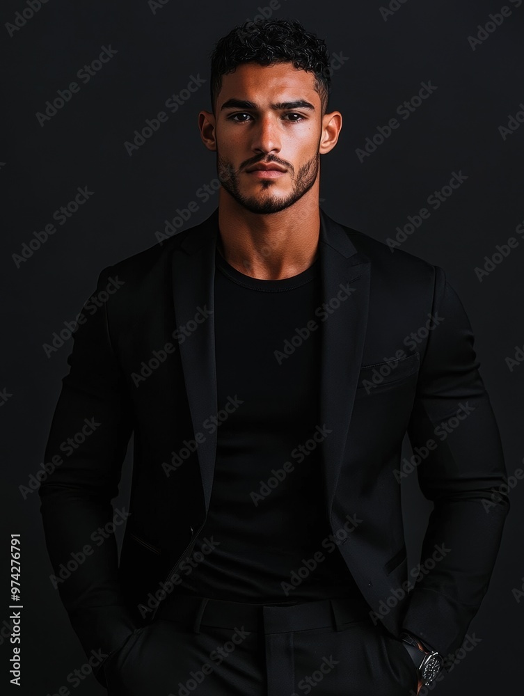 A male model stands in a minimalist studio, showcasing a sleek
