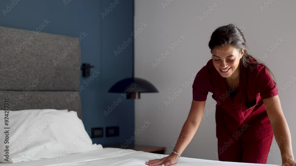 Beautiful maid is making the bed in a hotel room Beautiful maid is making the bed in a hotel room