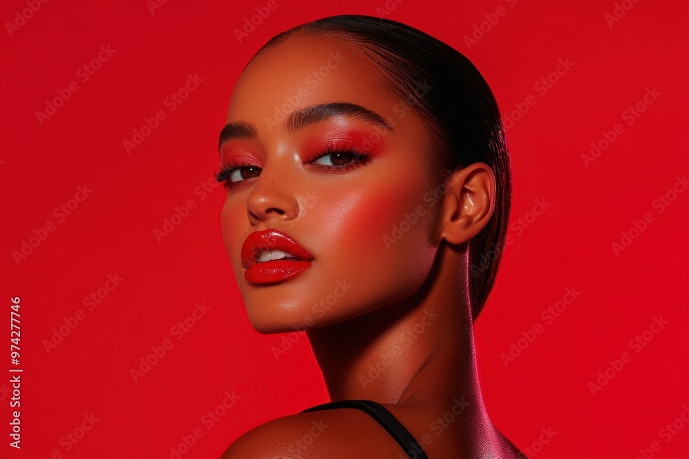 A model poses for a beauty brand, showcasing vibrant lip colors and bold eyeshadow A model poses for a beauty brand, showcasing vibrant lip colors and bold eyeshadow