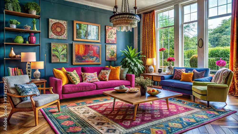 Vibrant colors and eclectic furniture fill a stylish living room, showcasing creative arrangements of modern decor, Vibrant colors and eclectic furniture fill a stylish living room, showcasing creative arrangements of modern decor,