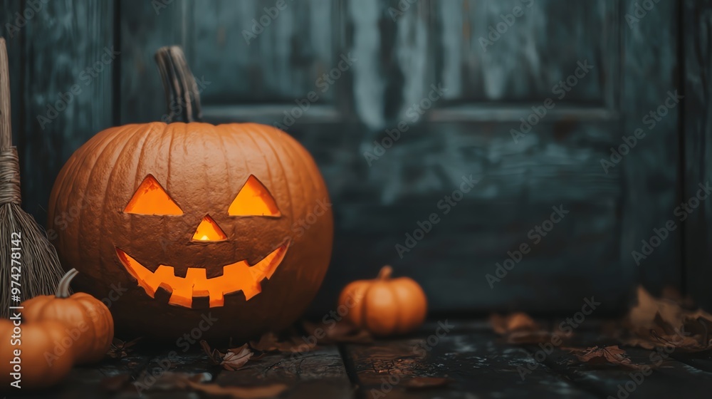 A close-up of a witch s broom leaning against a cottage door, soft evening light, pumpkins and candles nearby, rustic and magical atmosphere A close-up of a witch s broom leaning against a cottage door, soft evening light, pumpkins and candles nearby, rustic and magical atmosphere