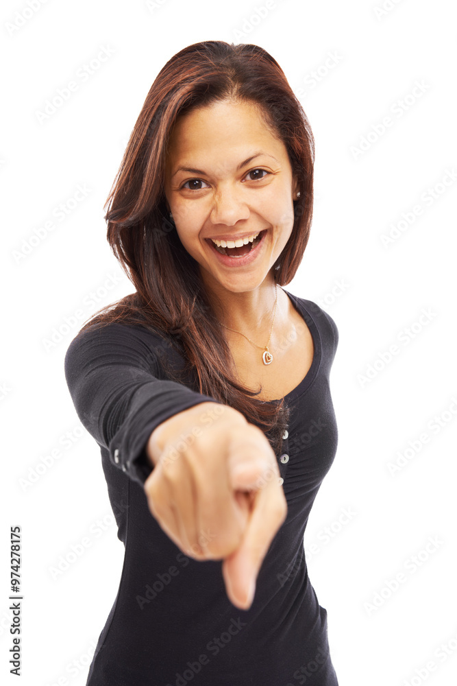 Happy woman, portrait and pointing to you with finger for choice, selection or pick on a white studio background. Young, female person or brunette model with smile for nomination, decision or option Happy woman, portrait and pointing to you with finger for choice, selection or pick on a white studio background. Young, female person or brunette model with smile for nomination, decision or option