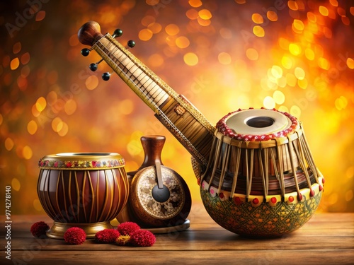 Vibrant colors and intricate patterns adorn the traditional Indian instruments, tabla and sitar, against a warm-toned photo