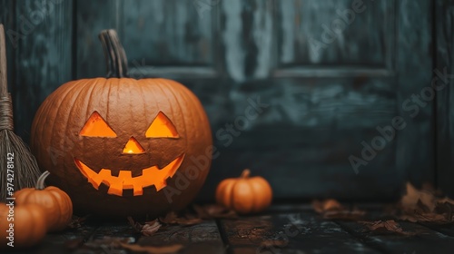 A close-up of a witch s broom leaning against a cottage door, soft evening light, pumpkins and candles nearby, rustic and magical atmosphere photo