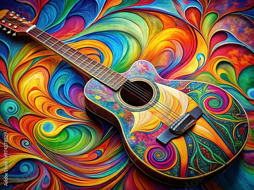 Vibrant colors burst forth as an eclectic guitar becomes a canvas, transforming into a mesmerizing work of art, photo