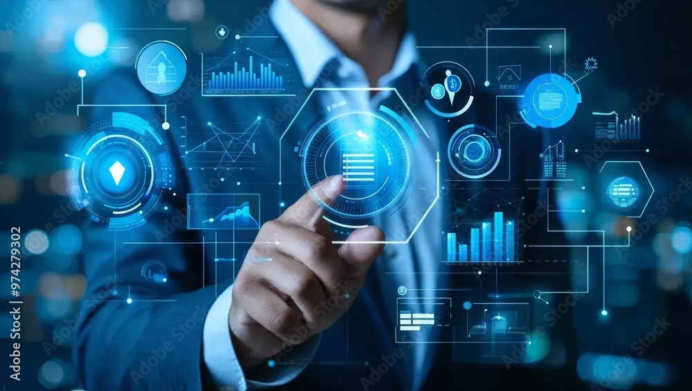 Businessman Analyzing Futuristic Data Dashboard Businessman Analyzing Futuristic Data Dashboard