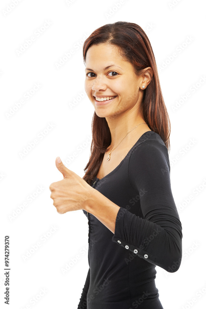 Woman, thumbs up and yes in studio portrait with happiness, confidence or success on white background. Girl, model and student with smile, hand gesture or agreement for winning, goal or achievement Woman, thumbs up and yes in studio portrait with happiness, confidence or success on white background. Girl, model and student with smile, hand gesture or agreement for winning, goal or achievement