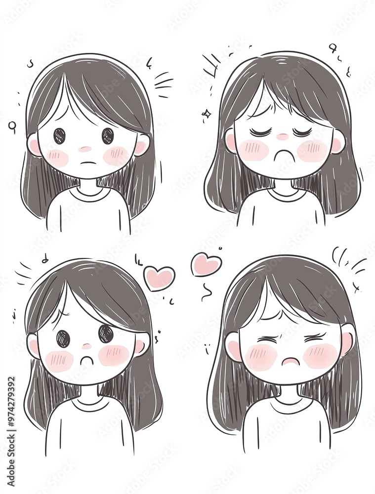 A cute little girl, white background, simple black lines, hand-drawn style, anthropomorphic expression of various emotions such as happy and sad, cartoon sticker design A cute little girl, white background, simple black lines, hand-drawn style, anthropomorphic expression of various emotions such as happy and sad, cartoon sticker design