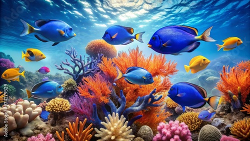 Vibrant coral reef scene with schools of blue tang and angelfish swimming amidst waving sea fans and colorful photo