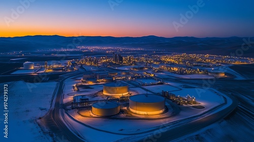 Oil and gas processing facilities illuminated at night, with storage tanks and pipelines against a clear blue sky. Aerial view.