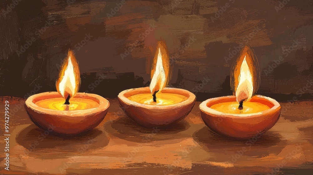 Three lit candles in small bowls on a table Three lit candles in small bowls on a table