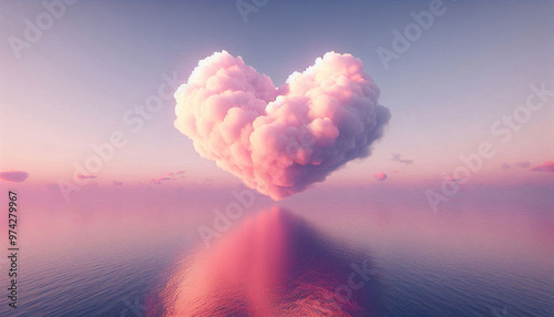serene sunrise over a calm sea, a heart-shaped cloud in the most delicate shades of pink floats in the sky