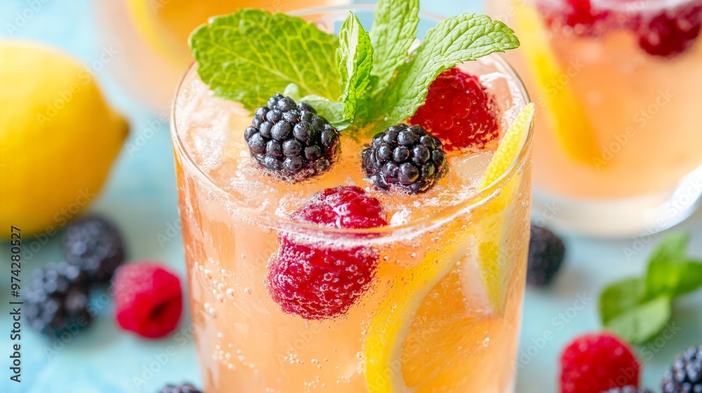 A refreshing pink lemonade served in a stylish glass, garnished with fresh berries and a sprig of mint. A refreshing pink lemonade served in a stylish glass, garnished with fresh berries and a sprig of mint.
