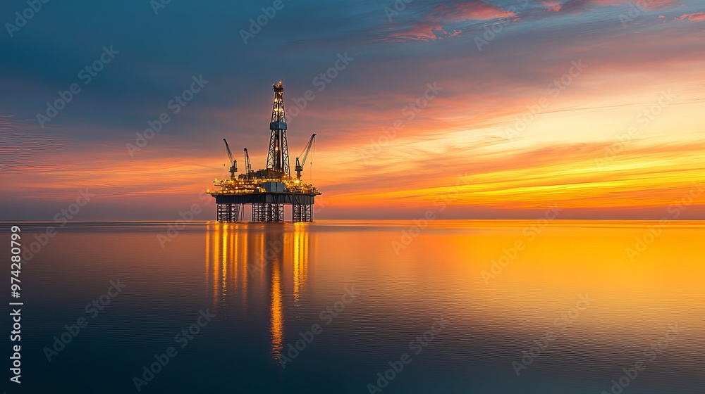 Offshore drilling with a jack-up rig, captured at sunset. Offshore drilling with a jack-up rig, captured at sunset.